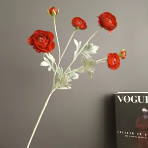 Artificial 6-head ranunculus flower branch detail, ideal for home decor and photography props.