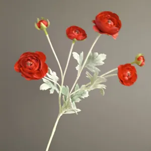 Detail view of 6-head artificial ranunculus flower, realistic red petals for home decor.