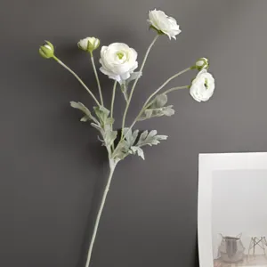 Artificial ranunculus flower branch with 6 white blooms for home decor, wedding and photo props.