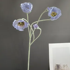 Finto fiore di papavero floccato stelo singolo blu decorazione casa matrimonio disposizione floreale.