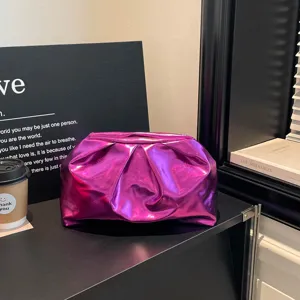 Pochette Nuage Plissée Métallique de Luxe pour Femmes en Cuir PU Sac à Main de Soirée Brillant à la Mode pour Banquet