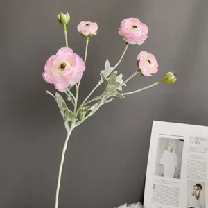 Artificial 6-head pink ranunculus silk flower branch for Nordic home decor and photography prop.