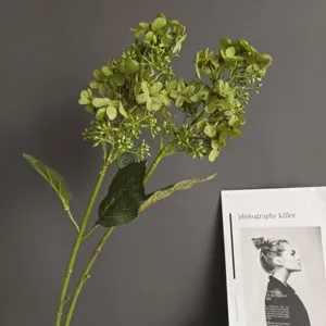 Rama de hortensia verde artificial para decoración del hogar, flor de tela realista para interiores.
