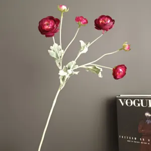 Artificial 6-head ranunculus flower branch, realistic floral decor for home and photography prop.