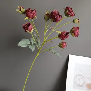 Artificial 10-head rose flower branch retro dark red silk floral home decor wedding