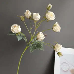 Artificial 10-head rose flower branch, elegant cream white crepe silk fake flowers for home decor.