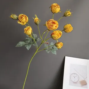 Artificial yellow rose flower branch, handmade crepe cloth fake floral for home wedding decor.