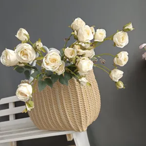 Artificial white roses in woven basket Nordic style home decor floral arrangement fake flowers