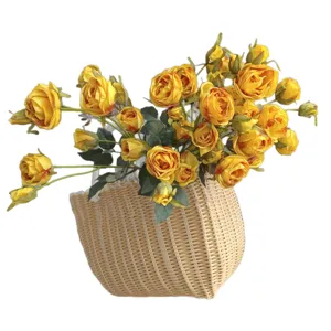 Artificial yellow rose flowers in woven basket for home decor wedding party decoration