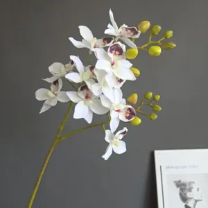Dettaglio ramo di orchidea bianca artificiale, primo piano decorazione floreale realistica.