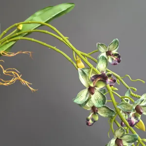 Dettaglio di liana di orchidea artificiale, fiore verde e viola primo piano, decoro