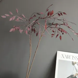 Artificial oat grass branch detail, red glitter foliage, Nordic home decor floral material.