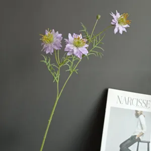 Artificial wildflower black cumin flower branch, purple faux floral home decor photography prop.