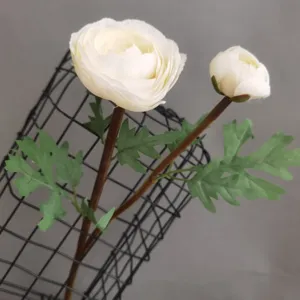 Close-up detailed view of artificial white ranunculus flower with two heads for modern home decor.
