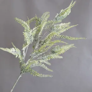Artificial Boston fern leaf detail, flocked green plant branch for floral arrangement decor.