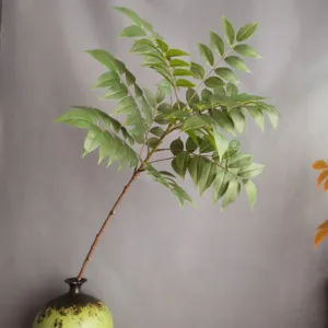 Rama de planta artificial en primer plano, follaje verde detallado para decoración de interiores.