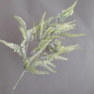 Close-up detail of artificial flocked Boston fern leaf, realistic texture for floral decor.