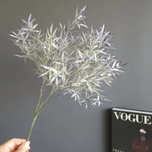Artificial flocked grass detail shot, 5-fork green plant branch for home floral decor.