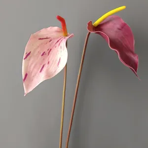 Artificial anthurium flower detail, realistic touch pink and dark red floral stems for home decor