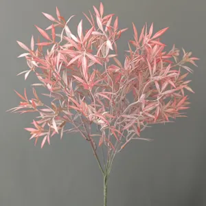 Artificial pink flocking leaf plant branch 5-prong faux floral arrangement for home decor.