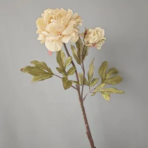 Stelo di fiore di peonia artificiale con due teste e foglie realistiche per arredamento