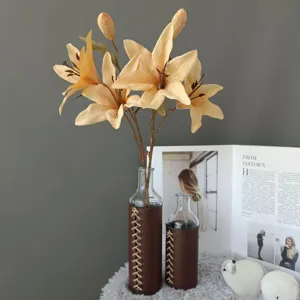 Artificial oil painting style screen printed 3-head lily flower home decor fake floral