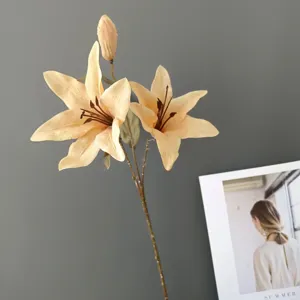 Artificial Lily Flower Branch 3 Heads Oil Painting Style Faux Floral Home Living Decor