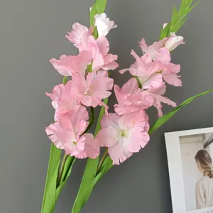 Artificial pink gladiolus flower detail, long stem silk floral branch for home decor.