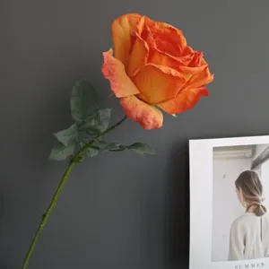 Flor de rosa artificial naranja vintage tallo único con hojas decoracion para hogar