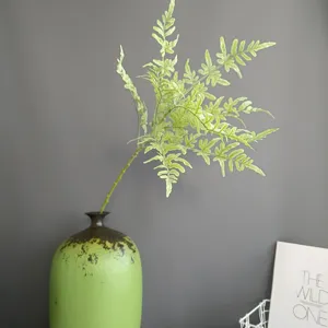 Dettaglio pianta felce artificiale, ramo foglia gomma morbida, decorazione nordica casa.