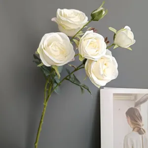 Artificial white rose branch for home decor wedding party floral arrangement fake flowers