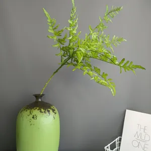 Primo piano di ramo di felce artificiale in vaso di ceramica, dettaglio decorativo.