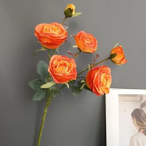 Artificial rose flower branch orange gradient silk floral home wedding party decor simulation