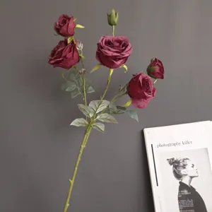 Artificial silk dark red rose flower bouquet for home decoration and wedding display.