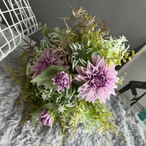 Artificial dahlia flower bouquet detail, purple floral arrangement for home decor and photography.