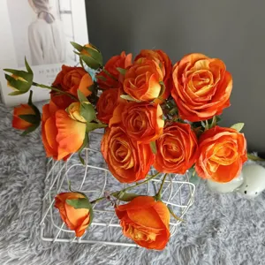 Artificial orange rose bouquet handmade burnt edge silk flowers home decor detail view