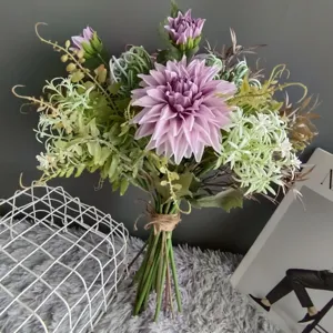 Artificial dahlia bouquet detail, purple flower and green foliage for Nordic home decor and props.