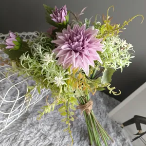 Artificial dahlia bouquet detail view, elegant purple floral arrangement for home decor.