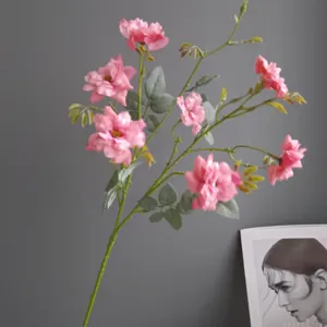 Artificial pink wild rose flower branch fake floral stems for home decor wedding party