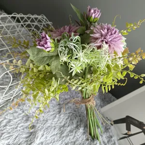 Artificial dahlia flower bouquet for home decor wedding photography props detail view.