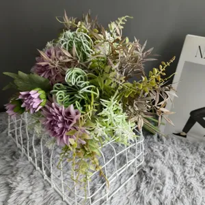 Artificial dahlia flower bouquet with leaves for home decor and photography props.