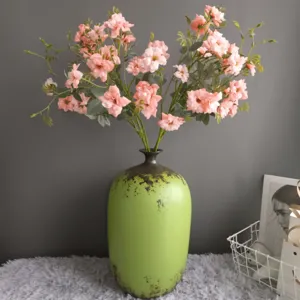 Nordic artificial pink rose flowers in vintage green ceramic vase for home decor