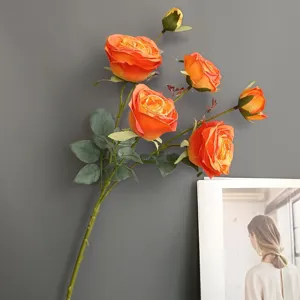 Orange artificial rose flower branch with gradient burnt edge for home and wedding decor.