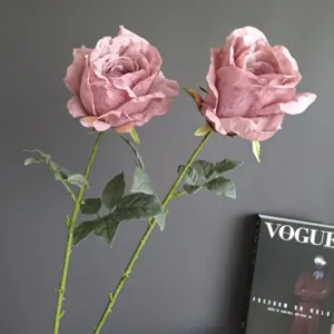 Flor de rosa artificial vintage rosa tallos florales falsos para decoración del hogar fiesta