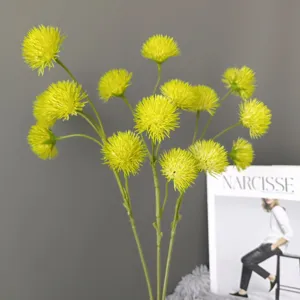 Artificial yellow pompon flower stem, realistic dandelion shape, perfect for home decor detail view.