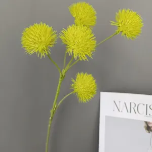Artificial yellow globe flower branch, faux pompon flower for home decor and wedding arrangement.