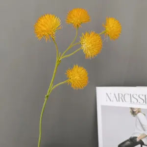 Artificial yellow pom pom flower branch detail, realistic dandelion decor for home and wedding.