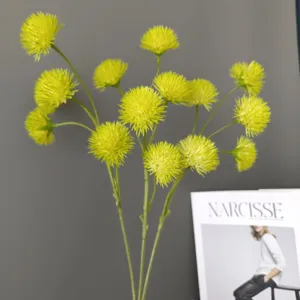 Artificial yellow allium flower stem, fluffy round flower head, detailed home decor floral prop.