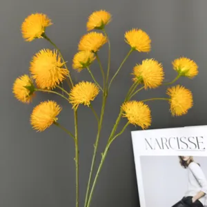 Artificial yellow fluffy pompom flower stems for home decor, wedding and room styling.