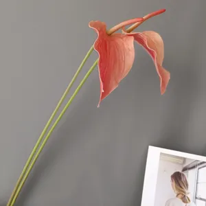 Artificial anthurium flower stem, realistic pink faux plant for home decor and wedding arrangement.